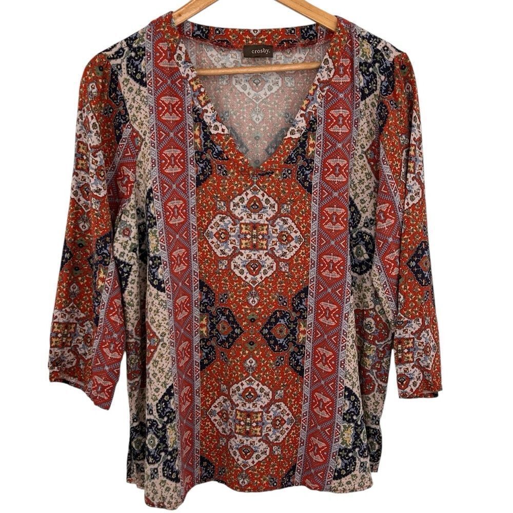 Crosby. Orange and blue boho vneck tunic style top size xlarge